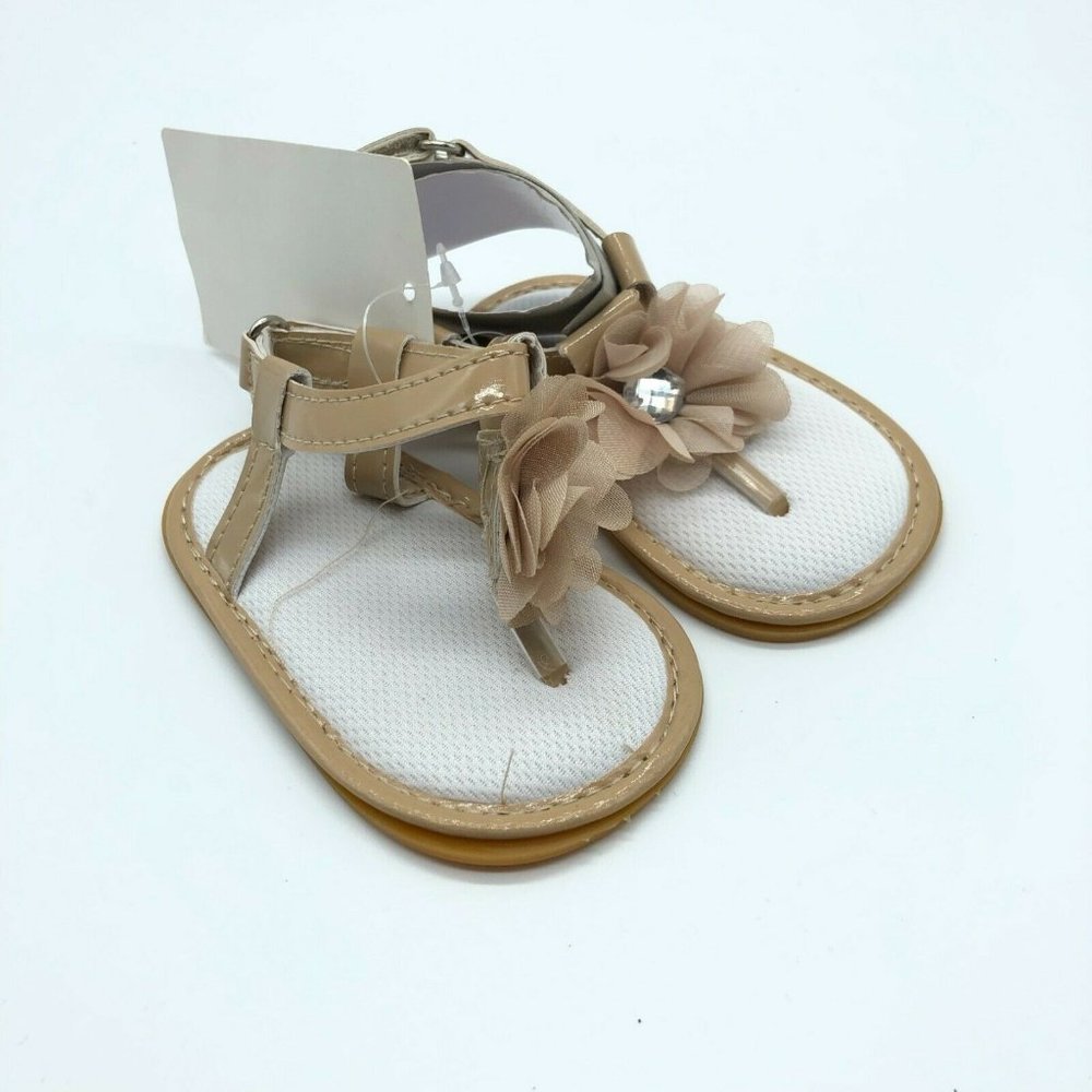Baby Girls Sandals Floral Applique Ankle Strap Thong Beige Size 6-12 Months